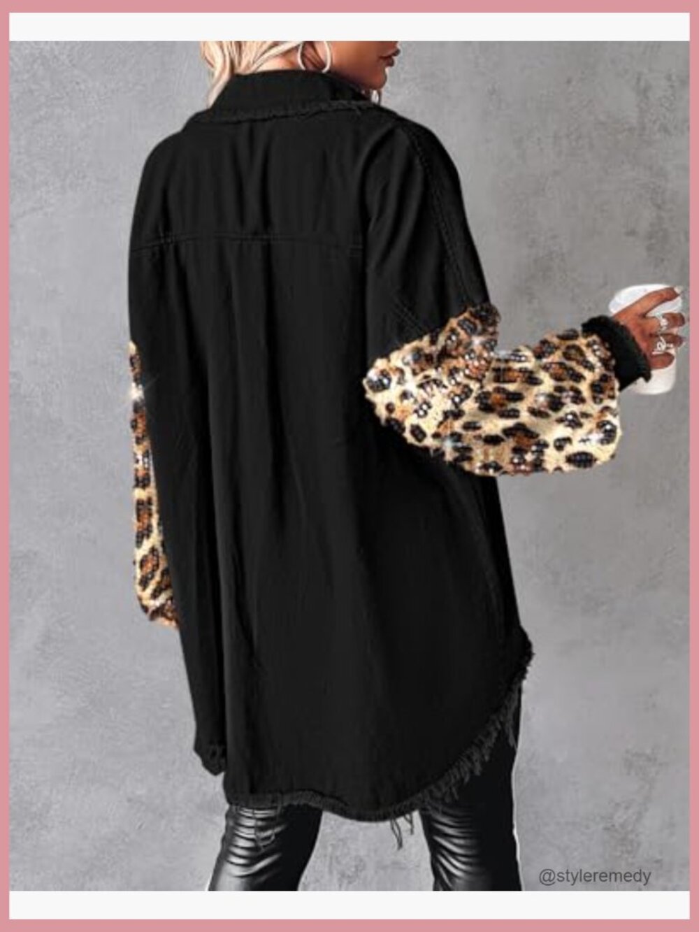 Sequin Patchwork Long Sleeve Oversized Denim Shacket Raw Hem Button Front - Picture 2 of 7
